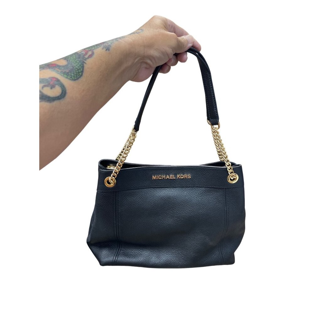 Michael Kors womans Balck Jet Set Large Chain Gold leather Shoulder Tote Handbag - Picture 1 of 16